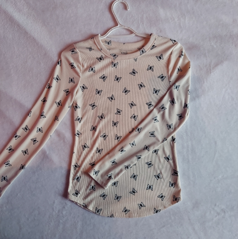 No Boundaries Cream Long Sleeve Tee with Black Butterfly Print